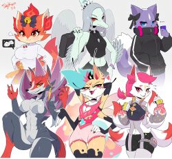 6+girls absurdres aggressive_retsuko animal_ears antennae arthropod_girl beelzebub_(helluva_boss) bell blue_eyes breasts cellphone claws colored_sclera demon dinosaur epic_games extra_arms fang_(gvh) fangs feathered_wings feathers fortnite fox fox_tail furry goodbye_volcano_high grey_hair gunfire_reborn hair_bell hair_ornament hand_in_pocket hand_on_own_hip heart helluva_boss highres holding holding_phone kimiko_five-tails kimiko_five-tails kimiko_five-tails league_of_legends li_(gunfire_reborn) medium_breasts multiple_girls naafiri netflix open_mouth orange_eyes phone pink_eyes pink_hair pterosaur red_eyes red_fox riot_games sanrio shikabane_(aggretsuko) shorts simple_background skunk skunk_tail skykain smile tail white_background wide_hips wings yellow_sclera