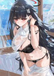 1girl bare_shoulders black_bra black_hair black_panties blue_archive blush bra breasts cleavage collared_shirt dema_hmw earrings halo highres jewelry large_breasts long_hair looking_at_viewer navel panties red_eyes rio_(blue_archive) see-through_clothes shirt shorts sleeveless sleeveless_shirt solo thighs underwear watch wet white_shorts wristwatch