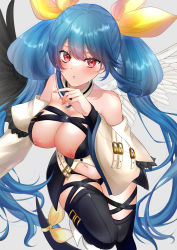 1girl absurdres angel_wings asymmetrical_wings bad_id bad_pixiv_id bare_shoulders belt black_panties black_thighhighs blue_hair blush breasts breasts_out cleavage detached_collar detached_sleeves dizzy_(guilty_gear) grey_background guilty_gear guilty_gear_xrd hair_ribbon hair_rings highres large_breasts long_hair looking_at_viewer mature_female midriff monster_girl nail_polish navel nipples panties parted_lips red_eyes ribbon rio sidelocks simple_background skindentation solo stomach tail tail_ornament tail_ribbon thick_thighs thigh_strap thighhighs thighs twintails underwear wings yellow_ribbon
