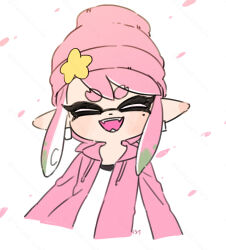 Rule 34 | 1girl, beanie, black shirt, black undershirt, callie (agent 1 casual) (splatoon), callie (splatoon), closed eyes, commentary request, coula cat, cropped torso, dot nose, earrings, falling petals, fangs, green hair, grin, hat, hat ornament, hood, hoodie, inkling, jewelry, large ears, layered clothes, leaning to the side, light blush, long hair, long sidelocks, long sleeves, looking at viewer, mole, mole under eye, multicolored hair, nintendo, petals, pink hair, pink hat, pink hoodie, pink petals, pointy ears, shirt, sidelocks, smile, solo, splatoon (series), splatoon 2, star (symbol), star hat ornament, suction cups, swept bangs, tentacle hair, thick eyebrows, thick eyelashes, twitter username, two-tone hair, v-shaped eyebrows, watermark, watermark grid, white background, white shirt