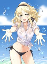 1girl absurdres beach bikini black_bikini blonde_hair blush breasts cleavage collarbone duel_monster ecclesia_(yu-gi-oh!) hair_between_eyes highres incredible_ecclesia_the_virtuous long_hair navel open_mouth reaching reaching_towards_viewer see-through_clothes short_sleeves side-tie_bikini_bottom smile solo stomach swimsuit synchroman water wet wet_clothes yellow_eyes yu-gi-oh!