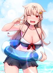 1girl adapted_costume baileys_(tranquillity650) bikini bikini_skirt black_bikini black_ribbon black_sarong blonde_hair breasts cleavage hair_flaps hair_ornament hair_ribbon hairclip highres holding holding_swim_ring innertube kantai_collection large_breasts long_hair one_eye_closed red_eyes ribbon sailor_bikini sailor_collar sarong solo swim_ring swimsuit very_long_hair yuudachi_(kancolle) yuudachi_kai_ni_(kancolle) yuudachi_kai_ni_(swimsuit)_(kancolle)