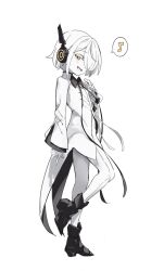Rule 34 | 1girl, absurdres, bandaged hand, bandages, black boots, black bow, blue archive, blush, boots, bow, colored skin, hair over one eye, headphones, highres, long sleeves, musical note, short hair, simple background, sof (blue archive), solo, spoken musical note, standing, symbol-shaped pupils, toshizou (0714), white background, white hair, white skin, x-shaped pupils, yellow eyes