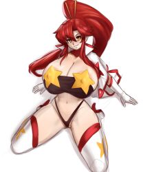 absurdres alternate_breast_size areola_slip black_panties black_tube_top blush boots breasts cape cleavage covered_erect_nipples gloves highleg highleg_panties highres huge_breasts kneeling long_hair mystical_(plantpenetrator) navel panties pasties ponytail red_hair sidelocks smile space_yoko spread_legs star_(symbol) star_pasties strapless tengen_toppa_gurren_lagann thigh_boots tube_top underwear white_gloves yellow_eyes yoko_littner