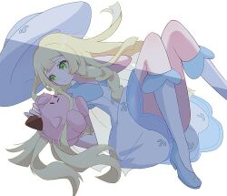 Rule 34 | 1girl, blonde hair, character doll, clefairy, closed mouth, creatures (company), dress, game freak, gen 1 pokemon, green eyes, hat, lillie (pokemon), long hair, nintendo, pokemon, pokemon sm, seiun (hoshigumo 72), sleeveless, sleeveless dress, solo, white background, white dress, white footwear, white hat