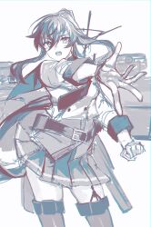 absurdres black_hair black_skirt gloves grey_shirt greyscale highres kabe_(inunufuwafuwa) kantai_collection long_hair monochrome pleated_skirt ponytail ribbon sailor_collar shirt skirt very_long_hair white_gloves white_ribbon yahagi_(kancolle) yahagi_kai_ni_(kancolle)