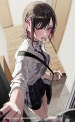 2girls black_bag black_bra black_choker black_hair black_nails black_shorts blurry blush bra bra_visible_through_clothes breasts chigusa_minori choker commentary_request depth_of_field diagonal-striped_clothes diagonal-striped_necktie doorway female_pov highres long_hair looking_at_viewer medium_breasts multiple_girls nail_polish necktie open_mouth pink_hair plaid_clothes plaid_skirt pov pov_breasts purple_eyes purple_nails saotome_shino_(shino_to_ren) school_uniform shino_to_ren shirayuki_ren shirt short_hair shorts skirt striped_clothes sweatdrop underwear wet wet_clothes wet_shirt