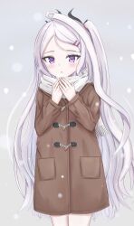 1girl ahoge alternate_costume blue_archive brown_coat coat grey_hair hair_ornament hairpin highres hina_(blue_archive) long_hair looking_at_viewer open_mouth purple_eyes scarf snow snowing solo tamamorh very_long_hair white_scarf winter_clothes winter_coat