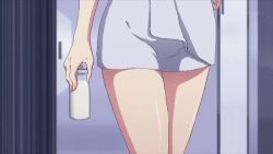 10s 1girl animated animated_gif anime_screenshot bottle breasts cleavage female_focus hand_on_own_hip large_breasts long_hair lowres macross macross_delta mikumo_guynemer milk_bottle naked_towel purple_hair smile solo towel towel_on_head