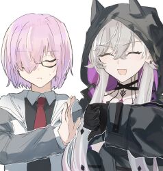 1234eabc 2girls black_gloves closed_eyes earrings false_smile fang fate/grand_order fate_(series) glasses gloves grey_hair hair_over_one_eye highres hood hooded_jacket jacket jewelry lilith_(fate) mash_kyrielight multiple_girls necktie purple_hair red_necktie smile stop_(gesture) thumbs_down twintails twitter_username white_background
