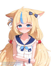 Rule 34 | 1girl, animal ear fluff, animal ears, blonde hair, blue eyes, blue streaks, blush, cat ears, dress, highres, indie virtual youtuber, lifebuoy hair ornament, long hair, looking at viewer, low twintails, one side up, sailor dress, sameko saba, shiroyumin, simple background, solo, twintails, virtual youtuber, white background, white dress