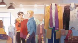 Rule 34 | 2boys, animification, avengers (series), avengers academy, bag, belt, black jacket, black pants, black shirt, blonde hair, blue eyes, blue jacket, blue pants, blue shirt, blush, breast pocket, brown belt, brown eyes, brown hair, brown pants, closed mouth, coat, collared shirt, cowboy shot, door, fingernails, green pants, green shirt, grey shirt, highres, holding, holding unworn clothes, indoors, jacket, lamp, lapels, long sleeves, looking at another, marvel, mirror, multiple boys, necktie, open clothes, open coat, open jacket, open mouth, pants, pink shirt, pocket, purple necktie, purple scarf, red jacket, scarf, shirt, shop, shopping, short hair, smile, standing, steve rogers, striped clothes, striped pants, suitcase, sunglasses, sweatdrop, sweater, t-shirt, tony stark, umbrella, vertical-striped clothes, vertical-striped pants, white jacket, white shirt, white sweater, yellow coat, yizilu699
