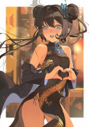Rule 34 | 1girl, absurdres, black coat, black dress, black hair, blue archive, blue eyes, blurry, blurry background, border, butterfly hair ornament, china dress, chinese clothes, coat, coat partially removed, commentary request, cowboy shot, double bun, dragon print, dress, facing viewer, grey halo, hair bun, hair ornament, halo, heart, heart hands, highres, kisaki (blue archive), lens flare, long hair, looking ahead, open mouth, outside border, panties, print dress, side-tie panties, sleeveless, sleeveless dress, smile, sokiu (dongxiasokiu), solo, underwear, white border