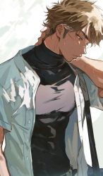 1boy ace_of_diamond bag baseball_uniform black_tank_top brown_eyes brown_hair closed_mouth hand_on_own_neck highres jacket male_focus miyuki_kazuya open_clothes open_jacket pectorals sato_(sato_1_11) short_hair shoulder_bag sideburns solo sportswear sweat sweatdrop tank_top upper_body visor white_jacket