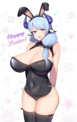 1girl absurdres animal_ear_hairband animal_ears black_bow black_leotard black_thighhighs blue_eyes blue_hair blue_horns bow breasts cleavage covered_navel cow_ears cow_horns easter fake_animal_ears hair_bow hairband highres horns indie_virtual_youtuber kitajima_yuuki large_breasts leotard long_hair miilkywayz musical_note open_mouth rabbit_ear_hairband rabbit_ears smile solo star_(symbol) thighhighs virtual_youtuber