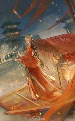 1girl architecture black_hair blue_sky boat building character_request chinese_clothes chinese_commentary closed_mouth cloud commentary_request crown east_asian_architecture expressionless fire floral_print flower full_body gold_crown hair_bun hair_ribbon hair_rings hanfu highres holding holding_sword holding_weapon lantern light_particles lipstick long_hair long_sleeves looking_at_viewer lotus low-tied_long_hair makeup nikki_(series) ocean orange_flower outdoors people petals red_hanfu red_lips red_ribbon ribbon shining_nikki single_hair_bun sky solo standing sword thick_eyebrows twilight very_long_hair watercraft watermark weapon weibo_watermark wide_sleeves yellow_eyes zhengban_qing_tuanzi