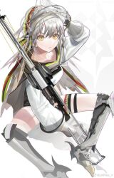 1girl arknights chouchouhei closed_mouth fartooth_(arknights) grey_hair hand_up highres long_hair sitting solo watermark weibo_watermark white_background yellow_eyes