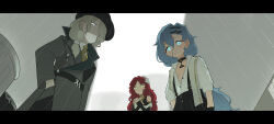 1boy 2girls 37_(reverse:1999) 6_(reverse:1999) 6_(time_and_location)_(reverse:1999) absurdres alternate_costume bare_shoulders black_choker black_hat black_pants blonde_hair blue_eyes blue_hair choker clothing_cutout coat daku_k flower from_below green_eyes green_necktie grey_coat hair_between_eyes hair_flower hair_ornament hair_over_one_eye hand_in_pocket hands_up hat highres letterboxed long_hair looking_at_viewer low_ponytail medium_hair multiple_girls necktie official_alternate_costume one_eye_covered outdoors pants parted_lips ponytail rain red_hair reverse:1999 shirt shoulder_cutout sky sleeves_past_wrists sophia_(reverse:1999) suspenders trash_can trench_coat upper_body white_flower white_shirt white_sky