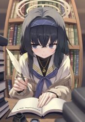 1girl averting_eyes bags_under_eyes black_hair blue_archive blue_eyes blue_hairband blue_neckerchief blush book bookshelf closed_mouth commentary_request hair_between_eyes hairband halo highres holding holding_pen indoors inkwell library long_hair looking_to_the_side neckerchief on_chair open_book partial_commentary pen sailor_collar school_uniform serafuku sitting skirt solo superpig ui_(blue_archive) wavy_mouth white_sailor_collar white_skirt writing yellow_halo