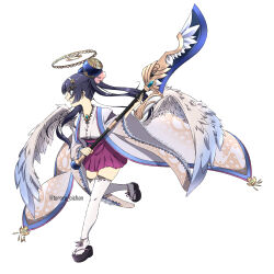 Rule 34 | 1girl, black hair, blue eyes, bow, emil chronicle online, from side, geta, hair ornament, halo, highres, holding, holding polearm, holding weapon, japanese clothes, long hair, mitama ruri, pink bow, polearm, simple background, tete0429, thighhighs, twintails, twitter username, weapon, white background, white thighhighs, white wings, wings