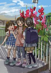 3girls absurdres backpack bag black_hair brown_hair child closed_eyes cloud day dress highres long_hair multiple_girls nyachi_piyo open_mouth original outdoors shoes short_hair skirt sky smile