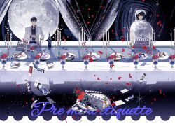 2boys absurdres alcohol astronaut banquet black_hair blue_liquid candlestand clapperboard closed_eyes cup curtains cutlery drinking_glass english_text envelope falling_petals flower full_moon glass_bottle grin hair_between_eyes hand_on_own_stomach helmet highres kim_dokja lantercat moon multiple_boys omniscient_reader&#039;s_viewpoint outstretched_hand petals photo_(object) planet plate red_flower red_rose reflective_surface rose sky smile space space_helmet spacesuit sparkle star_(sky) starry_sky tablecloth too_many_papers upper_body wine_glass yoo_joonghyuk