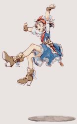 Rule 34 | 1girl, arms up, bandana, black eyes, black hair, blue dress, boots, brown background, brown boots, brown gloves, character request, clenched hands, copyright request, dress, fingerless gloves, floating hair, from side, full body, gloves, hair over shoulder, high heel boots, high heels, highres, imay3927, jumping, long hair, looking ahead, pinafore dress, red bandana, ringlets, saber (weapon), shadow, sheath, sheathed, shirt, short sleeves, simple background, sleeveless, sleeveless dress, smile, solo, sword, weapon, white shirt