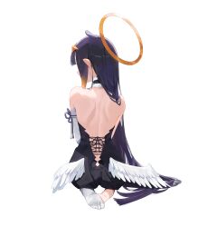 Rule 34 | 1girl, back, commentary, feathered wings, from behind, gradient hair, highres, hololive, hololive english, long hair, low wings, multicolored hair, ninomae ina&#039;nis, omochiarts, orange hair, pointy ears, purple hair, sidelocks, simple background, solo, tentacle hair, virtual youtuber, white background, white wings, wings