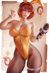 1girl animal_ears april_o&#039;neil bare_shoulders black_pantyhose breasts brown_eyes brown_hair cleavage curvy detached_collar fake_animal_ears food highleg highleg_leotard holding holding_microphone large_breasts leotard lips looking_at_viewer microphone olchas pantyhose parted_lips pizza pizza_slice playboy_bunny rabbit_ears short_hair solo standing strapless strapless_leotard teenage_mutant_ninja_turtles teenage_mutant_ninja_turtles_(1987) thigh_strap wide_hips wrist_cuffs yellow_leotard zipper_pull_tab