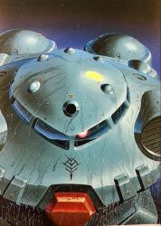 glowing glowing_eye gundam gundam_0080 highres ishibashi_ken&#039;ichi looking_at_viewer mecha mecha_focus mobile_suit no_humans official_art one-eyed portrait red_eyes robot scan science_fiction solo third-party_source water_drop wet z&#039;gok-e zeon