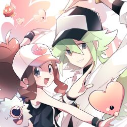 1boy 1girl :d artist_name baseball_cap bat_(animal) bat_wings blue_fur brown_hair clear_2758 colored_skin commentary_request creatures_(company) game_freak gen_1_pokemon gen_3_pokemon gen_5_pokemon green_hair grey_eyes hat heart_arms heart_arms_duo high_ponytail highres hilda_(pokemon) long_hair looking_at_viewer luvdisc magikarp medium_hair n_(pokemon) nintendo open_mouth pink_skin poke_ball_print pokemon pokemon_(creature) pokemon_bw ponytail print_headwear shirt smile teeth twitter_username upper_teeth_only v-shaped_eyebrows white_shirt wings woobat