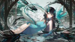 1girl absurdres aqua_hair arknights bare_shoulders beads black_hair breasts china_dress chinese_clothes chinese_commentary commentary_request covered_navel da_dun_dozedove dragon dragon_girl dragon_horns dragon_tail dress dusk_(arknights) dusk_(everything_is_a_miracle)_(arknights) earrings eastern_dragon feet_out_of_frame hand_on_own_hip highres horns jewelry long_hair looking_at_viewer lying making-of_available medium_breasts multicolored_hair official_alternate_costume paintbrush parted_lips purple_eyes side_slit sleeveless sleeveless_dress solo streaked_hair tail yellow_eyes