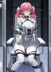 Rule 34 | 1girl, absurdres, arms across body, arms under breasts, belt, belt buckle, blindfold, bound, bound arms, breasts, buckle, d. joko, grin, highres, medium breasts, original, pink hair, sitting, smile, solo, straitjacket, tied up (nonsexual), twintails, variant set