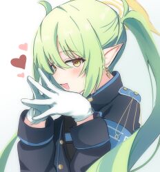 1girl absurdres black_jacket blue_archive commentary fang gloves grey_hair halo heart highres jacket long_hair long_sleeves looking_at_viewer nozomi_(blue_archive) open_mouth pointy_ears saabyboi skin_fang solo twintails upper_body white_background white_gloves yellow_eyes yellow_halo
