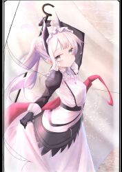 Rule 34 | 1girl, absurdres, ambience synesthesia, arknights, arm up, black gloves, black sleeves, closed mouth, commentary, dress, earrings, frills, gloves, grey eyes, highres, holding, irene (arknights), irene (voyage of feathers) (arknights), jewelry, juliet sleeves, long hair, long sleeves, looking at viewer, maid, maid headdress, noirl, official alternate costume, ponytail, puffy sleeves, scar, scar across eye, scar on face, skirt hold, solo, standing, white dress, white hair