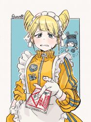Rule 34 | alternate costume, apron, between fingers, blonde hair, blush, chibi, chibi inset, commentary request, cone hair bun, cowboy shot, diagonal bangs, double bun, enmaided, frilled apron, frills, frown, fukurai azami, gloves, hair bun, holding, incoming gift, jacket, jersey maid, long sleeves, looking at viewer, maid, maid headdress, matsushiro (yutakatanbo), open mouth, short hair, smile, standing, sweatdrop, thumbs up, tissue, tomarigi yasumi, toshi densetsu kaitai center, track jacket, unconventional maid, waist apron, white apron, yellow jacket