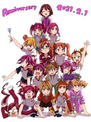 +_+ 6+girls :3 :i absurdres aida_mana aino_megumi anniversary annotated armband asahina_mirai bike_shorts bike_shorts_under_skirt black_shorts brown_eyes brown_hair commentary dated dokidoki!_precure dolphin_shorts ebura_din english_text everyone failure fallen_down fresh_precure! frown futari_wa_precure futari_wa_precure_splash_star go!_princess_precure grimace gym_shirt hair_bobbles hair_ornament hair_ribbon hairclip hanadera_nodoka hanasaki_tsubomi happinesscharge_precure! healin&#039;_good_precure heartcatch_precure! highres holding holding_wand hoshina_hikaru hoshizora_miyuki houjou_hibiki hugtto!_precure human_pyramid hyuuga_saki in-franchise_crossover jacket kirakira_precure_a_la_mode layered_sleeves long_hair long_sleeves looking_at_another looking_at_viewer mahou_girls_precure! medium_hair misumi_nagisa momozono_love motion_lines multiple_girls natsuumi_manatsu nono_hana one_side_up open_mouth orange_headwear orange_shirt pink_eyes pink_hair pleated_skirt ponytail precure precure_all_stars precure_dream_stars purple_jacket purple_shorts raglan_sleeves red_hair ribbon shadow shirt short_hair short_over_long_sleeves short_sleeves shorts side_ponytail simple_background skirt smile smile_precure! softball_uniform sportswear star_twinkle_precure suite_precure sweat t_t track_jacket trait_connection tropical-rouge!_precure twintails usami_ichika v-neck visor_cap wand waving white_background white_shirt white_shorts yellow_ribbon yes!_precure_5 yumehara_nozomi