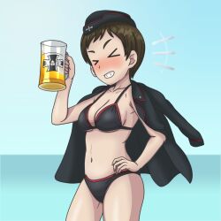 Rule 34 | &gt; &lt;, 1girl, alcohol, beer, beer mug, bikini, black bikini, black hat, black jacket, breasts, brown hair, cleavage, closed eyes, commentary request, cross, cup, emblem, garrison cap, girls und panzer, grin, hand on own hip, hat, horizon, iron cross, jacket, jacket on shoulders, kkonmulbeom nyomy, kojima emi, kuromorimine (emblem), kuromorimine military uniform, medium breasts, mug, ocean, red trim, short hair, smile, solo, swimsuit, upper body