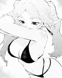 1girl arms_up bikini black_bikini blush breasts cleavage earrings eyebrows eyelashes frieren jewelry large_breasts leaning_forward long_hair miregeist monochrome pointy_ears shadow simple_background sousou_no_frieren standing swimsuit thick_eyebrows thighs twintails white_background white_hair