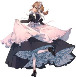1girl apron back back_ribbon black_dress black_shoes brown_hair dress frilled_dress frills full_body green_eyes jiuxiaoshi juliet_sleeves long_sleeves looking_back maid maid_headdress original pantyhose ponytail puffy_sleeves ribbon shoes sidelocks smile white_background white_pantyhose white_ribbon