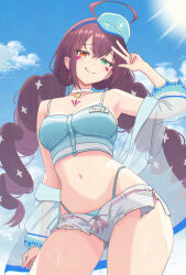 1girl :q absurdres ahoge arm_up armpits bare_shoulders bikini bikini_bottom_only blue_bikini blue_shirt braid breasts choker closed_mouth commentary_request cowboy_shot crop_top day epic_seven facial_mark green_eyes heterochromia highleg highleg_bikini highres jacket konjou long_hair looking_at_viewer luluca_(epic_seven) medium_breasts micro_shorts midriff navel ocean_breeze_luluca_(epic_seven) off_shoulder open_clothes open_fly open_jacket outdoors purple_hair red_eyes see-through_clothes see-through_jacket shirt shorts sleeveless sleeveless_shirt smile solo spaghetti_strap standing stomach string_bikini sunlight swimsuit thighs tongue tongue_out torn_clothes torn_shorts twin_braids twintails very_long_hair visor_cap w white_choker white_shorts