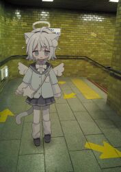 1girl ahoge animal_ear_fluff animal_ears black_sailor_collar black_shoes black_skirt blue_eyes blue_hair blue_jacket blunt_bangs blush bow bowtie cat_ears cat_girl cat_tail full_body halo highres jacket layered_sleeves long_sleeves loose_socks mixed_media nakkar open_mouth original photo_background pleated_skirt sailor_collar school_uniform serafuku shirt shoes short_hair short_over_long_sleeves short_sleeves skirt socks solo standing sweatdrop tail white_bow white_bowtie white_shirt white_socks white_wings wings
