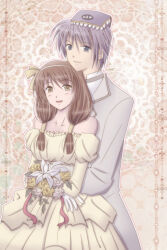 1boy 1girl blue_eyes book book_on_head bouquet bride brown_background brown_hair closed_mouth commentary_request couple cowboy_shot dated_commentary dress flower groom hair_tubes hairband hetero holding holding_bouquet hug hug_from_behind juliet_sleeves long_hair long_sleeves looking_at_viewer object_on_head off-shoulder_dress off_shoulder open_mouth puffy_sleeves purple_hair ragnarok_online rideword_(ragnarok_online) rose sharari short_hair smile wedding wedding_dress white_flower white_rose yellow_dress yellow_eyes yellow_flower yellow_hairband yellow_rose