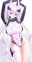 absurdres aqua_pupils arms_up asymmetrical_legwear azur_lane breasts covered_erect_nipples cow grey_hair hair_between_eyes highleg highleg_leotard highres horns kearsarge_(azur_lane) large_breasts leotard long_hair mechanical_horns mismatched_legwear shrug_(clothing) sideboob single_thighhigh taut_leotard thighhighs tina_(tinafya) white_background white_hair white_leotard white_shrug