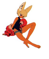 1boy animal_ears barefoot black_leotard blonde_hair brown_eyes closed_mouth commentary_request fennec_fox fox_boy fox_ears full_body hand_up highres ibispaint_(medium) jacket jacket_partially_removed knee_up leotard long_sleeves looking_at_viewer male_focus micro_shorts original red_jacket shima_(wansyon144) short_hair shorts simple_background sitting sleeveless sleeves_past_fingers sleeves_past_wrists solo trap white_background