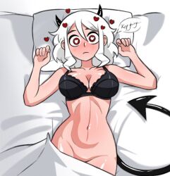 Rule 34 | 1girl, blush, breasts, bright pupils, closed mouth, collarbone, commentary, demon horns, demon tail, english commentary, english text, from above, graphicthereal, groin, hair between eyes, heart, heart-shaped pupils, helltaker, horns, large breasts, looking at viewer, loving aura, lying, medium hair, modeus (helltaker), navel, on back, on bed, red eyes, speech bubble, symbol-shaped pupils, tail, white hair, white pupils
