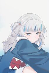 1girl absurdres animal_costume blue_eyes blue_hair blue_hoodie blunt_bangs closed_mouth commentary english_commentary gawr_gura gawr_gura_(1st_costume) grey_hair hair_ornament highres hololive hololive_english hood hoodie long_hair long_sleeves looking_at_viewer multicolored_hair shark_costume shark_hair_ornament simple_background sitting smile solo streaked_hair two-tone_hair two_side_up virtual_youtuber white_background wide_sleeves xsilentred