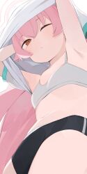 1girl black_panties blue_archive bra brown_eyes closed_mouth commentary flat_chest halo highres hiroki_(yyqw7151) hoshino_(blue_archive) long_hair looking_at_viewer one_eye_closed panties pink_hair shirt simple_background underwear upshirt white_background white_bra white_halo white_shirt
