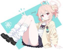 1girl ahoge aqua_background arm_support badge black_shoes black_skirt blue_archive button_badge closed_mouth dot_mouth dot_nose expressionless full_body hair_bun hair_flaps hair_intakes halo jacket komusogp leg_warmers legs_up loafers looking_at_viewer natsu_(band)_(blue_archive) natsu_(blue_archive) notice_lines official_alternate_costume open_clothes open_jacket panties pink_halo red_eyes shirt shoes short_hair_with_long_locks sidelocks simple_background sitting skirt solo t-shirt twitter_username two-tone_background underwear v white_background white_leg_warmers white_panties white_shirt yellow_jacket