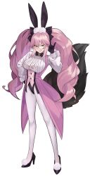 akaneko016 animal_ear_fluff animal_ears black_bow black_gloves black_leotard bow breasts coattails collared_shirt corset dress_shirt fate/grand_order fate_(series) fox_tail glasses gloves hair_between_eyes hair_bow high_heels highres koyanskaya_(assassin)_(second_ascension)_(fate) koyanskaya_(fate) large_breasts leotard long_hair long_sleeves looking_at_viewer open_mouth pantyhose pink_hair rabbit_ears shirt sidelocks smile solo tail tamamo_(fate) twintails underbust white_pantyhose white_shirt yellow_eyes